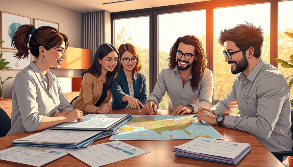 A cozy, well-lit modern office space featuring a diverse group of four professionals gathered around a large table, engaged in personalized travel planning. The foreground shows detailed documents and a laptop open to a trip planning app. In the middle, the group—two women and two men, dressed in smart casual attire—are collaboratively discussing travel options, with one pointing at a map filled with colorful markers. In the background, a large window reveals a sunny day, casting warm light across the room, enhancing the atmosphere of collaboration and excitement. The overall mood is cheerful and focused, capturing the essence of crafting customized group journeys and aligning their travel visions.