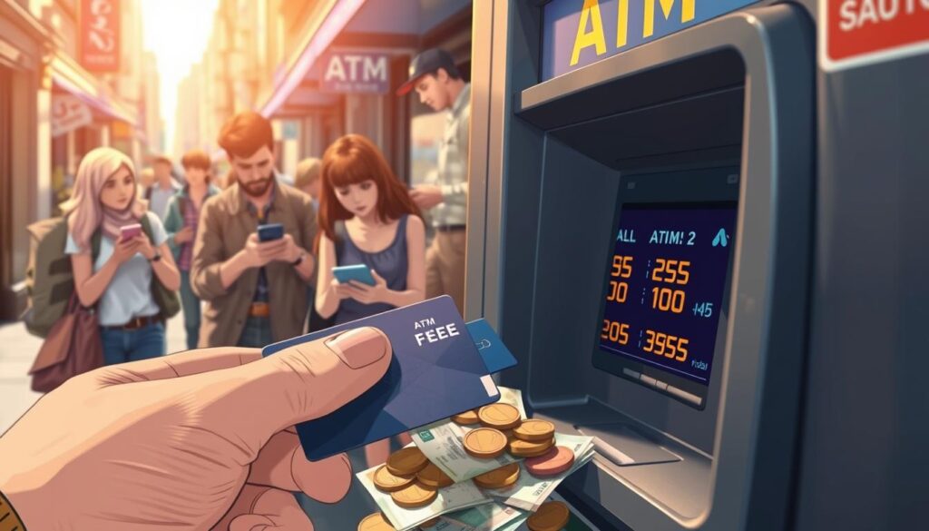 A detailed illustration depicting a foreign ATM scene focused on fees and charges. In the foreground, a close-up of a person's hand inserting a bank card into an ATM, showcasing a small screen displaying fees in bright, contrasting colors. In the middle ground, various currencies—coins and banknotes—spill out of the machine, highlighting the concept of exchange and hidden costs. The background features a bustling street scene with diverse travelers using their devices, looking worried about their expenses, under warm, natural sunlight. The atmosphere should exude a sense of urgency and caution, with the lens slightly tilted to create a dynamic perspective. Overall, the image captures the complexities of managing money abroad, emphasizing the importance of awareness about ATM charges.