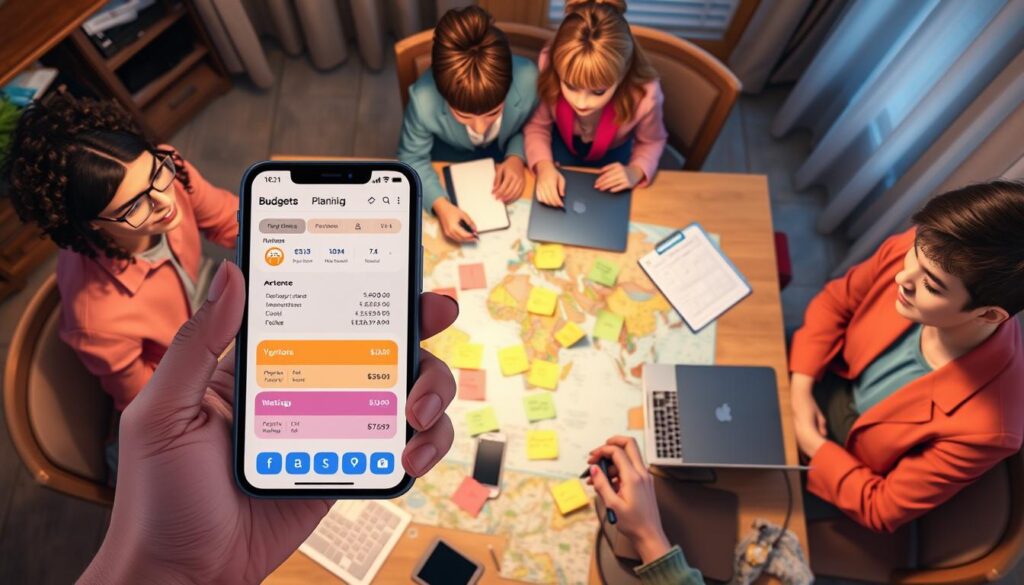 A diverse group of four friends gathered around a large dining table, surrounded by travel maps, laptops, and notepads, creating a lively atmosphere for budget planning their upcoming group trip. The foreground features a close-up of a smartphone displaying a shared budget tracker app, while in the background, colorful sticky notes with different travel destinations and cost breakdowns are scattered. Soft, warm lighting illuminates the scene, creating an inviting mood that emphasizes collaboration and friendship. The friends, dressed in casual but professional attire, display expressions of focus and excitement as they discuss payment schedules and booking strategies. The angle is slightly overhead, capturing the dynamic interaction among the group, evoking a sense of organization and enthusiasm for their adventure ahead.
