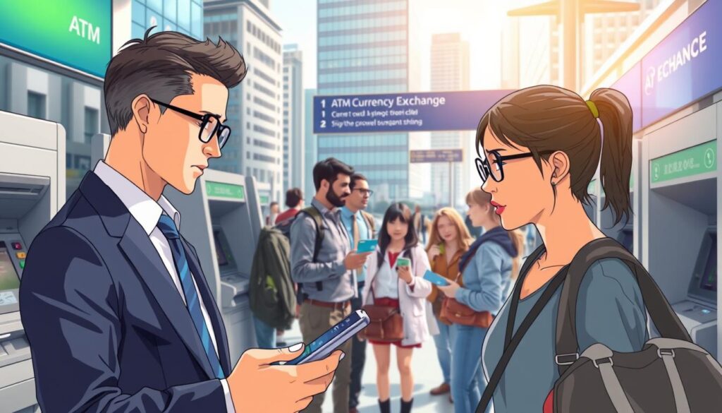 A modern cityscape showcasing smart currency exchange practices. In the foreground, a business professional in smart attire is analyzing a smartphone app for currency conversion, surrounded by ATMs and a currency exchange kiosk. In the middle ground, a diverse group of travelers are discussing their options, examining cards and cash, with clear, informative signage in the background. Bright, natural lighting illuminates the scene, enhancing a sense of efficiency and careful planning. The atmosphere is vibrant and busy, illustrating the hustle of urban life while emphasizing the importance of savvy financial decisions while traveling abroad. The angle captures both the human element and the workings of currency exchange, encouraging viewers to consider practical strategies for handling money.