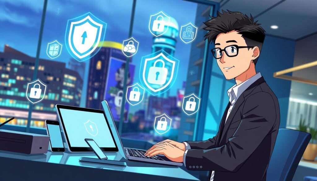 A modern, sleek workspace filled with technology that embodies payment security. In the foreground, a professional individual dressed in smart casual attire confidently uses a laptop with digital payment icons on the screen. Floating around are holographic representations of security measures, like shields, locks, and secure transaction symbols. The middle ground showcases various portable devices - smartphones and tablets - displaying encryption and payment verification apps. The background features a vibrant cityscape, hinting at a travel context, with buildings illuminated by soft blue and green lighting that suggests technological advancement. The overall atmosphere exudes a sense of security, innovation, and confidence in a connected world, captured with a dynamic angle to evoke engagement and interest.