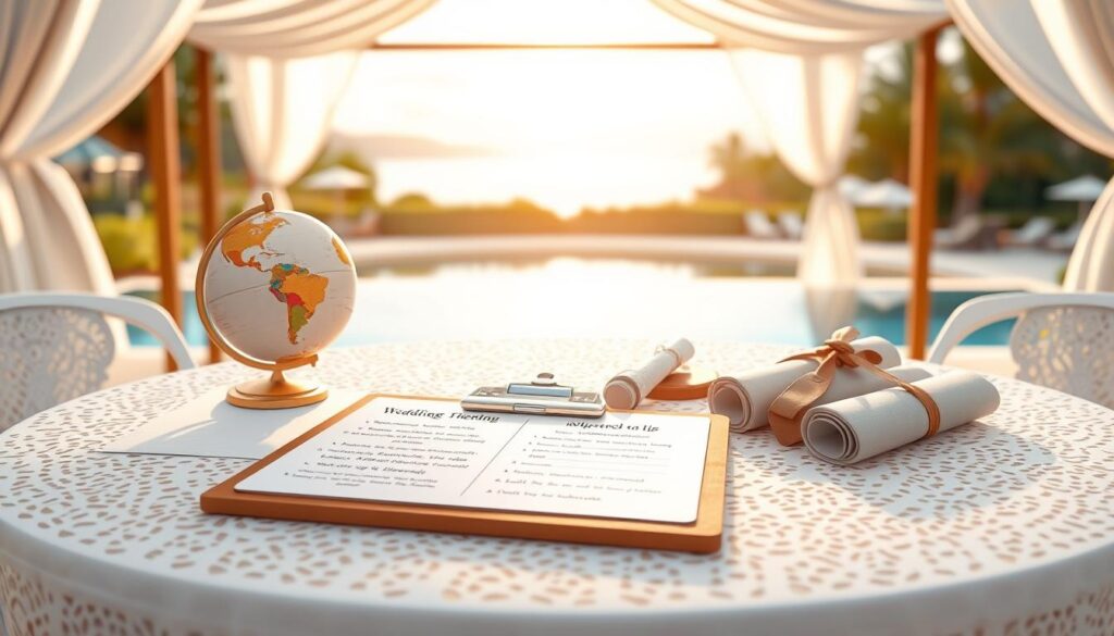 A serene, well-organized wedding planning table set under a gently lit outdoor canopy. In the foreground, a stylish clipboard rests on a white, lace-covered table, showcasing neatly written notes and budgeting tips for wedding guests traveling to a destination wedding. The middle ground features elegant travel accessories like a small globe, rolled-up itinerary maps, and a pair of modest travel bags, emphasizing smart travel without overspending. The background is a soft-focus image of dreamy destination landscapes, hinting at tropical beaches and charming venues. The atmosphere is calm and inviting, with warm sunlight filtering through the canopy, creating a feeling of focus and tranquility. The scene embodies a sense of practical elegance and thoughtful planning, perfect for a wedding survival guide.