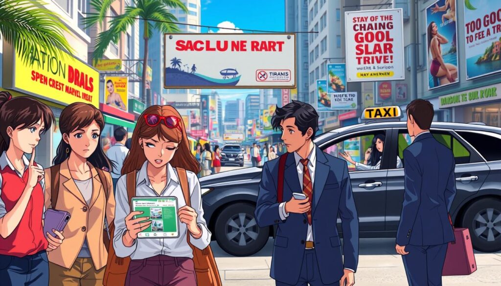 A visually striking, professional scene depicting common travel scams in a vibrant urban setting. In the foreground, a diverse group of travelers, dressed in smart casual clothing, appear puzzled as they examine a fake rental listing on a mobile device. The middle ground features a sleek taxi, with a driver, portrayed in formal attire, deliberately misleading another traveler. In the background, a vibrant street market atmosphere showcases enticing advertisements for 'too good to be true' vacation deals, emphasizing a sense of urgency. Soft, natural lighting cascades over the scene, creating a sense of realism while filtering through the cityscape. The mood is both cautionary and informative, inviting viewers to stay aware and informed.