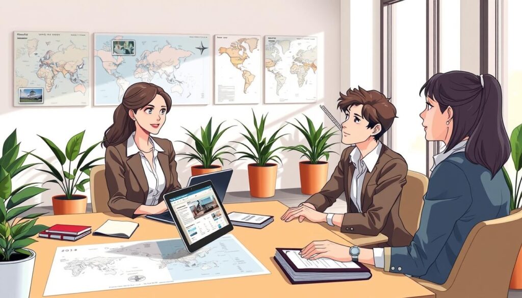 A well-organized wedding travel planning scene set in a modern office environment. In the foreground, a professional travel planner, a woman in smart, casual attire, is intently discussing travel options with a couple, who are seated across from her, appearing engaged and optimistic. On the desk, there are neatly arranged brochures, a laptop displaying a website for flight and hotel bookings, and a map of the wedding destination. The middle ground features wall-mounted maps and photos of popular wedding venues. In the background, soft natural light filters through large windows, creating a warm and inviting atmosphere, accentuated by potted plants. The focus is on the planner's attentive service, showcasing personalized travel plans tailored for wedding guests. The mood is relaxed, yet professional, emphasizing service excellence and attention to detail.