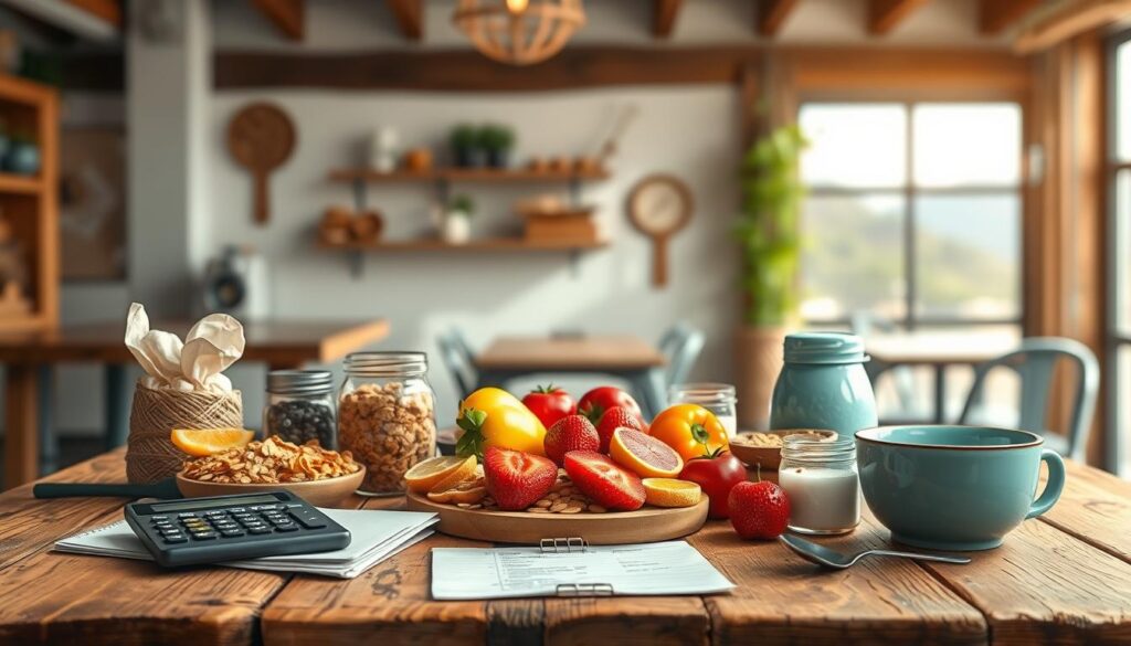 A beautifully arranged meal budget strategy concept, showcasing a rustic wooden table in the foreground filled with healthy food choices and budgeting tools like a calculator and notepad. In the middle, include a vibrant spread of breakfast items such as fresh fruits, whole-grain cereals, and yogurt, representing value and nutritious eating. In the background, a serene travel setting, perhaps a cozy café or a picturesque kitchen, with soft natural light filtering through the window, casting warm, inviting shadows. Use a shallow depth of field to emphasize the foreground while softly blurring the background, creating a mood of warmth and practicality. The image should evoke a sense of mindful spending and enjoyment in travel meal planning without feeling deprived.