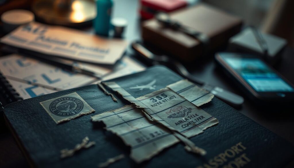A close-up view of a damaged passport, prominently displayed in the foreground, revealing torn pages and smudged stamps. Alterations such as ink marks and irregular cuts can be seen around vital information, evoking a sense of neglect and urgency. The middle ground features a blurred desk cluttered with travel essentials, like an airline ticket, travel-size toiletries, and a phone showing a boarding pass. In the background, soft ambient lighting highlights the passport's worn leather cover, suggesting a history of travel. The atmosphere is tense and serious, emphasizing the importance of document integrity for smooth travel. The overall tone is focused and cautionary, with no human subjects in the scene.