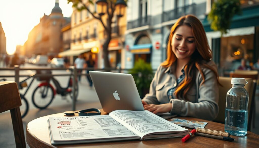 A cozy, budget-friendly travel scene showcasing a solo traveler sitting at a small café table with a laptop, reviewing a travel budget. In the foreground, a well-organized notebook filled with budgeting tips and icons like a piggy bank and dollar signs. The middle ground features the traveler, a young woman in casual but neat clothing, enthusiastically planning her trip, with a warm smile, surrounded by budget-friendly travel items like a map, reusable water bottle, and snacks. In the background, a picturesque street in a vibrant city, softly illuminated by golden hour light, creating an inviting and optimistic atmosphere. The angle captures both the traveler and the charming surroundings, emphasizing a relaxed, safe, and inspiring environment for solo travel planning.