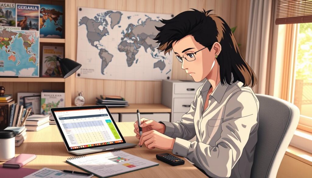 A cozy office space filled with travel planning materials, featuring a modern desk with an open laptop displaying a colorful trip budget spreadsheet. A light wooden background showcases travel brochures and a world map pinned with destination notes. In the foreground, a young professional wearing smart-casual attire is intently reviewing a budget plan, surrounded by a notepad filled with handwritten notes and planner stickers. Soft natural light streams through a nearby window, creating a warm atmosphere. The mood conveys focus and excitement for planning an adventure, emphasizing organization and strategy in travel budgeting. Elements like a calculator and a coffee mug complete the scene, enhancing the sense of preparation for a personalized trip experience.