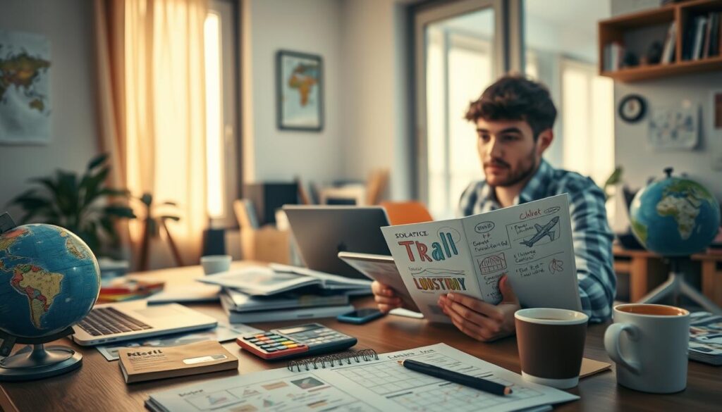 A cozy workspace scene showcasing a person planning a solo trip. In the foreground, a young adult, dressed in casual professional attire, sits at a wooden desk cluttered with a laptop, travel guides, and a notepad with colorful doodles on budgeting. In the middle ground, various travel-related items are visible: a globe, a calculator, and a coffee cup, symbolizing thoughtful planning and exploration. The background features a window with soft, natural light streaming in, casting gentle shadows, enhancing the cozy atmosphere. The overall mood is focused yet relaxed, capturing the essence of stress-free solo travel planning, highlighting safety and smart savings decisions. The composition should have a warm color palette, evoking a sense of comfort and inspiration.