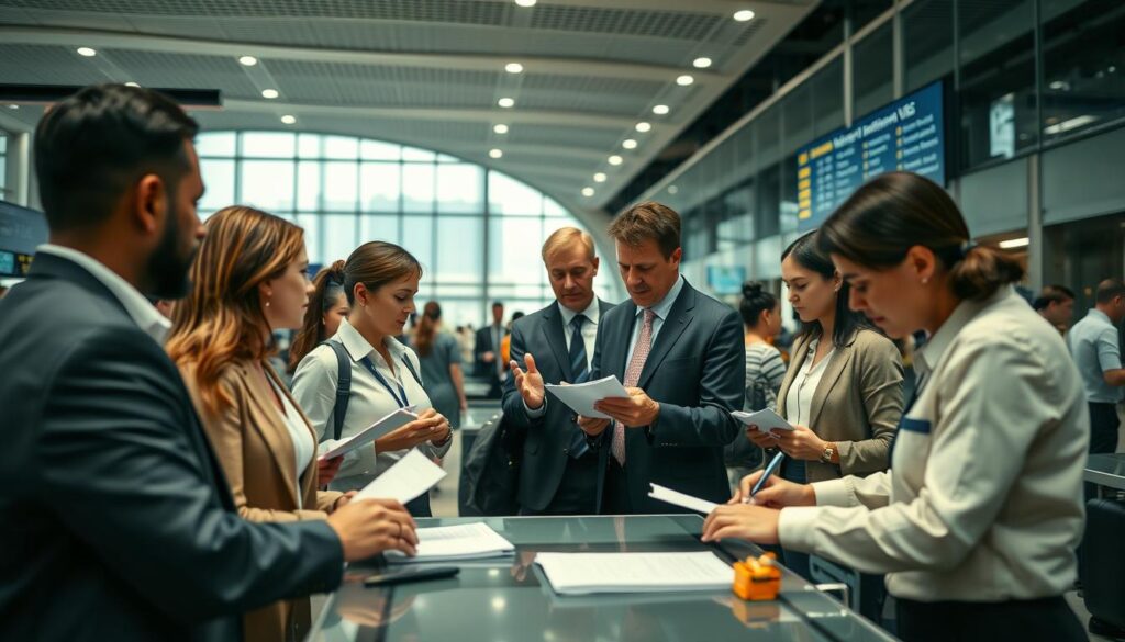 A modern airport customs and immigration area bustling with travelers. In the foreground, a diverse group of professionals in business attire meticulously documents their visa and entry paperwork at a sleek processing counter. In the middle ground, an attentive customs officer reviews documents while gesturing towards a large digital screen displaying visa requirements. The background features a high-tech airport layout, with large windows letting in soft, natural light, illuminating the scene. The overall mood is focused and organized, reflecting the importance of proper documentation. Capture the scene from a slightly elevated angle to emphasize the activities and interactions, using soft lighting to create an inviting atmosphere.