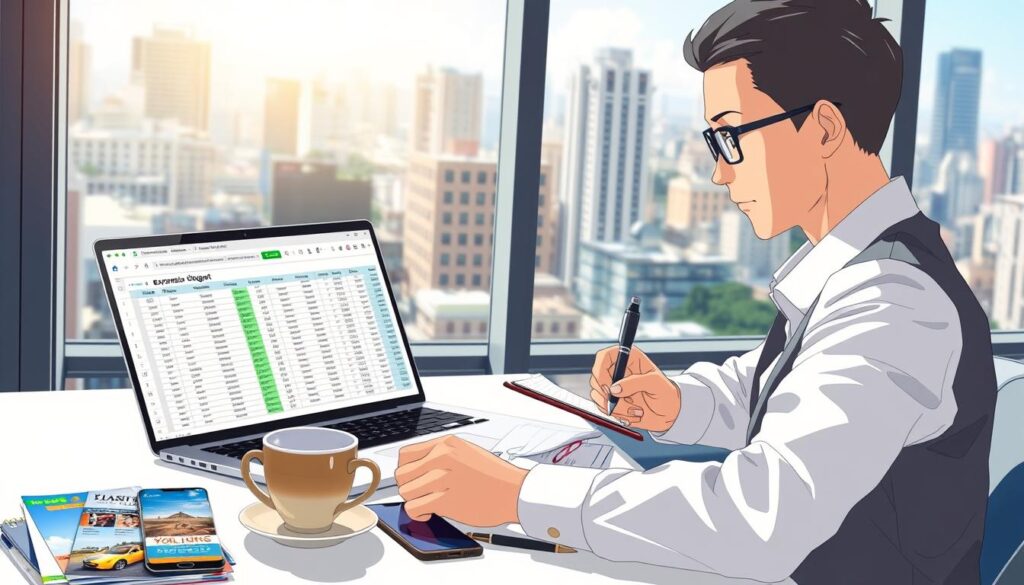 A modern, well-organized workspace with a laptop open to a detailed travel budget spreadsheet. In the foreground, a person in professional business attire is focused intently on tracking expenses, jotting down notes on a notepad beside them. The middle ground features a coffee cup, a smartphone displaying expense tracking apps, and a pile of travel brochures, adding context to the task at hand. In the background, a large window offers a view of a bustling cityscape, hinting at adventure and exploration. The lighting is bright and natural, coming from the window, creating a motivational and upbeat atmosphere. The image captures a sense of diligence and professionalism, illustrating the importance of real-time budget adjustments while traveling.