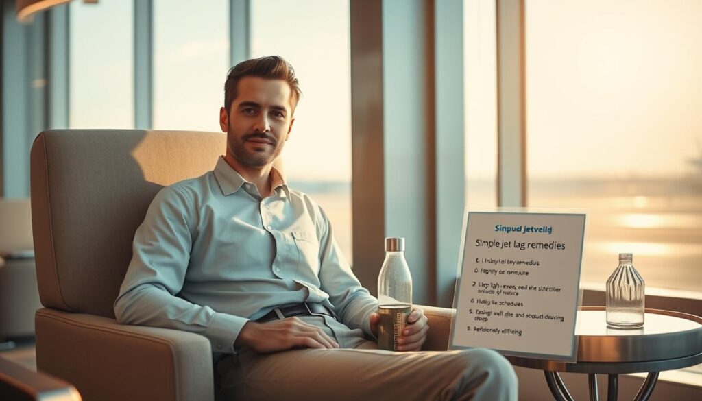 A tranquil airport lounge setting, focusing on a well-dressed professional in modest casual clothing, sitting comfortably in a plush chair with a travel pillow and a reusable water bottle beside them. Soft ambient lighting creates a warm atmosphere, highlighting a soothing color palette of pastel blues and soft greys. In the background, a large window reveals the glistening sunshine outside, hinting at a clear sky and a busy runway. On a side table, a small poster outlines simple jet lag remedies like hydration, light exposure, and adjusting sleep schedules, without any text. The overall mood is serene and refreshingly uplifting, emphasizing the idea of quick adjustments to enhance well-being while traveling.