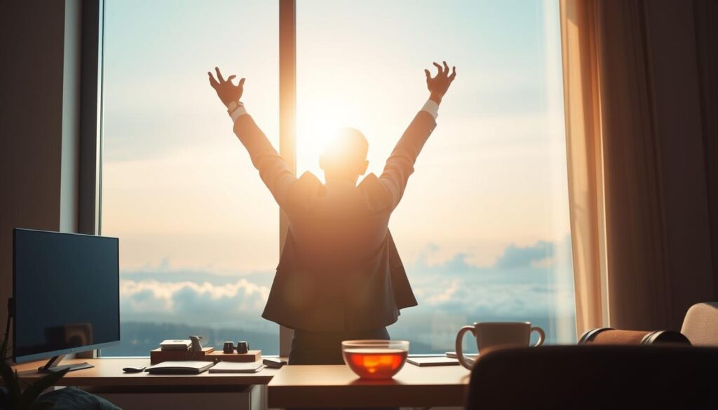 A tranquil scene illustrating the concept of optimizing light exposure to combat jet lag. In the foreground, a professional individual dressed in smart business attire stands by a window, facing the warm glow of the early morning sun. They are stretching their arms upwards, soaking in the light, with a look of rejuvenation on their face. In the middle ground, a well-organized workspace is visible, featuring a desk with travel essentials and a cup of herbal tea, symbolizing relaxation. The background shows a soft blue sky transitioning from night, with the last hints of darkness in distant clouds. The lighting should be bright yet gentle, capturing the serenity of a fresh start. The overall mood is uplifting and hopeful, evoking a sense of renewal.