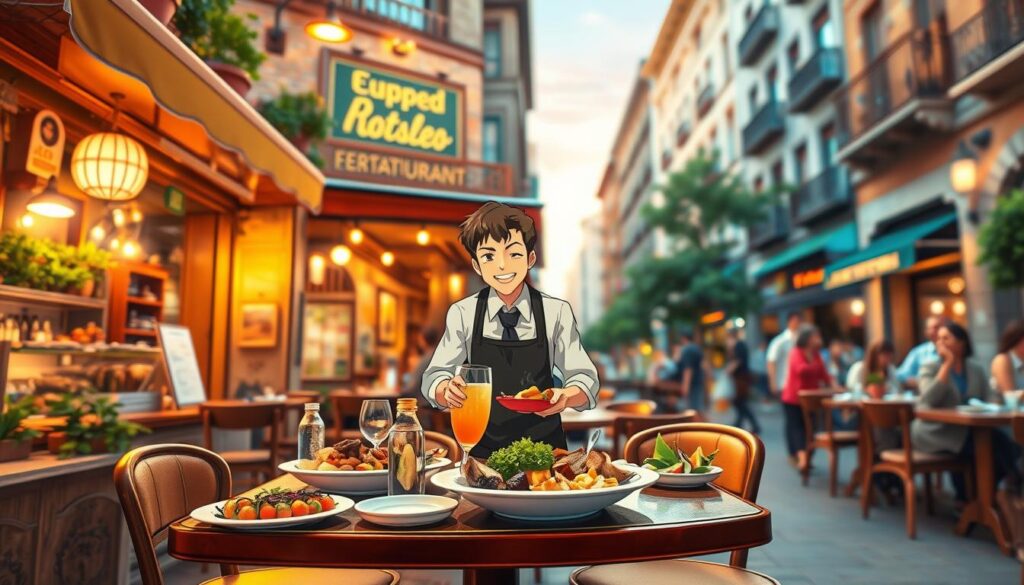 A vibrant scene depicting a charming local restaurant and a luxurious dining experience harmoniously balanced. In the foreground, a cozy bistro table adorned with colorful dishes featuring local delicacies, with a friendly waiter in professional attire interacting with satisfied diners. The middle layer showcases a beautiful restaurant facade, combining rustic elements and modern decor, filled with patrons enjoying their meals. In the background, a soft-focus view of a city street bustling with activity, warm golden hour lighting enhancing the atmosphere. Use a wide-angle lens to capture the lively essence of both culinary experiences. The mood is inviting and celebratory, reflecting the joy of food exploration while emphasizing the balance between casual and special dining.