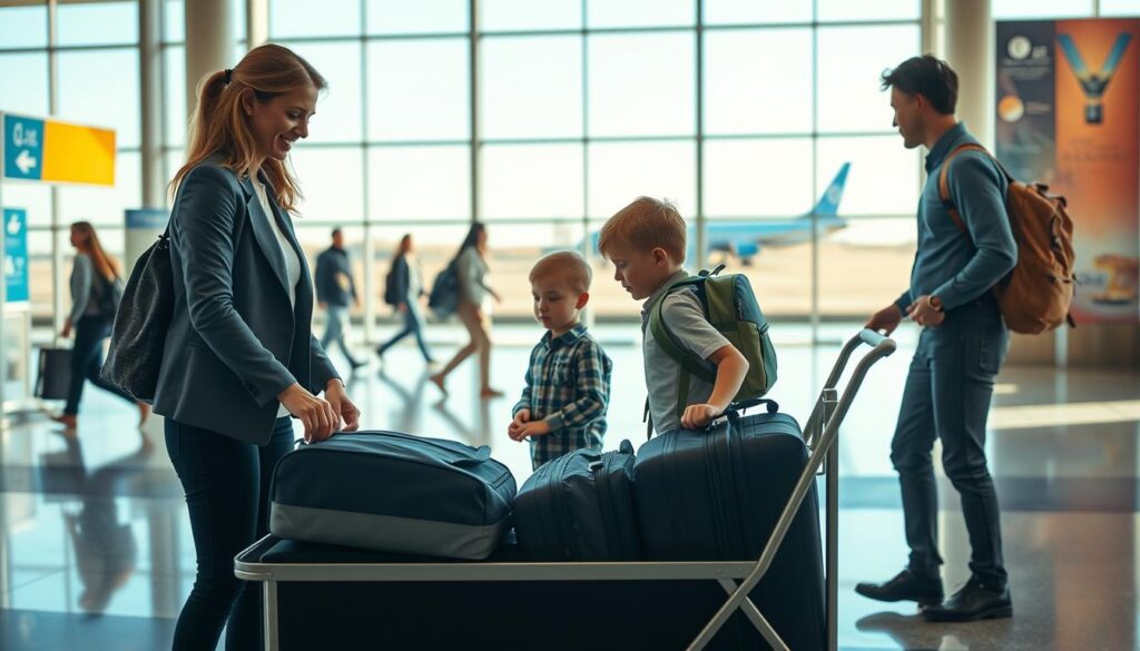 A serene airport scene focusing on a family preparing for a flight. In the foreground, a mother and father, dressed in smart casual attire, are organizing their travel bags on a luggage cart. They appear engaged and happy while their two children, a boy and a girl, are putting on their backpacks and eagerly watching the activity around them. In the middle ground, bustling travelers cross a well-lit terminal with colorful banners and signs directing them to various gates. The background showcases a large window revealing an airplane on the tarmac under a bright blue sky. The lighting is bright and warm, creating a sense of excitement and anticipation. The atmosphere reflects a sense of organization and readiness, emphasizing the importance of pre-flight strategies for a smooth start to family travel.