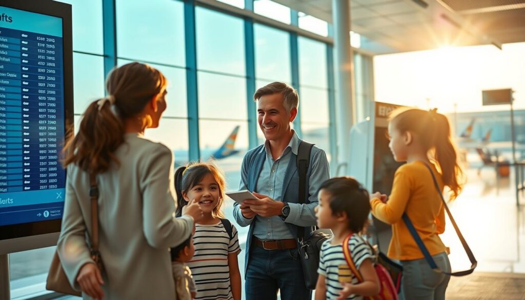 A serene family scene at an airport, illustrating expert travel guidance with a focus on making flights easier and cheaper. In the foreground, a diverse family of four—parents in smart casual attire and children excitedly exploring their surroundings—are gathered around a digital flight information board. In the middle ground, a friendly travel expert in professional attire is engaging with them, gesturing towards a travel guide. The background features modern airport architecture with large windows showcasing a bright and sunny day, and airplanes on the tarmac. Soft, natural lighting illuminates the scene, creating a warm and welcoming atmosphere, emphasizing stress-free travel solutions. The angle captures the vibrancy of family interactions, highlighting a sense of adventure and anticipation.