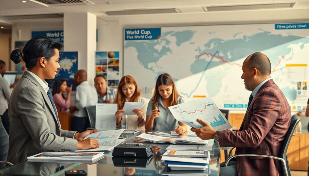 A dynamic scene showcasing a bustling travel agency filled with diverse people planning their trips during the FIFA World Cup, emphasizing the theme of price fluctuation strategies. In the foreground, a professional travel agent, dressed in smart business attire, is consulting with a family of four sitting at a modern desk, examining charts that display fluctuating prices. The middle ground features colorful brochures and banners with visuals of different World Cup destinations. In the background, a large world map highlights potential travel routes. Soft natural lighting illuminates the scene, creating an inviting atmosphere. The overall mood conveys excitement and strategic planning, revealing the complexities of travel costs associated with major sporting events.