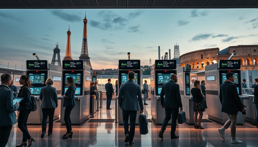 A futuristic European border control station, showcasing the integration of advanced digital systems. In the foreground, diverse travelers in professional business attire, interacting with biometric scanners and digital passport readers. The middle ground features a sleek, modern design of the control station, with high-tech screens displaying real-time data and seamless processing of travelers. The background reveals iconic European landmarks like the Eiffel Tower and the Colosseum, subtly illuminated by soft, ambient lighting during twilight. The scene conveys a sense of innovation and efficiency, highlighting the transition to digital border systems. The atmosphere is optimistic and forward-looking, emphasizing a harmonious blend of technology and travel. Use a wide-angle lens for an expansive view, capturing the essence of progressive travel experiences in Europe.