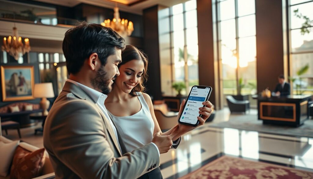 A luxurious hotel lobby with an elegant design, showcasing unique accommodations. In the foreground, a well-dressed couple examines a smartphone displaying loyalty rewards and booking options, conveying excitement and curiosity. The middle ground features opulent furniture, artistic decorations, and a concierge at a stylish reception desk, ready to assist guests. The background shows large windows with natural light streaming in, highlighting an inviting outdoor terrace with greenery and urban views. The atmosphere is warm and inviting, with a soft golden hour glow, creating a sense of comfort and anticipation. A shallow depth of field focuses on the couple while softly blurring the surrounding details.