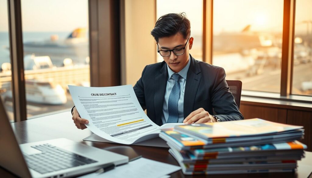 A professional individual seated at a desk, engaged in thoroughly analyzing a cruise line contract with detailed terms and policies visible on the document. The foreground features a laptop and a notepad with highlighted sections. In the middle, stacks of brochures for various cruise lines showcase colorful images of cruise ships. The background includes a large window with a view of a sunny cruise port, casting warm natural light onto the scene. Utilize a shallow depth of field to keep the focus on the document and the individual, dressed in a smart business attire. The atmosphere is serious yet inviting, conveying a sense of professionalism and careful consideration in the decision-making process.