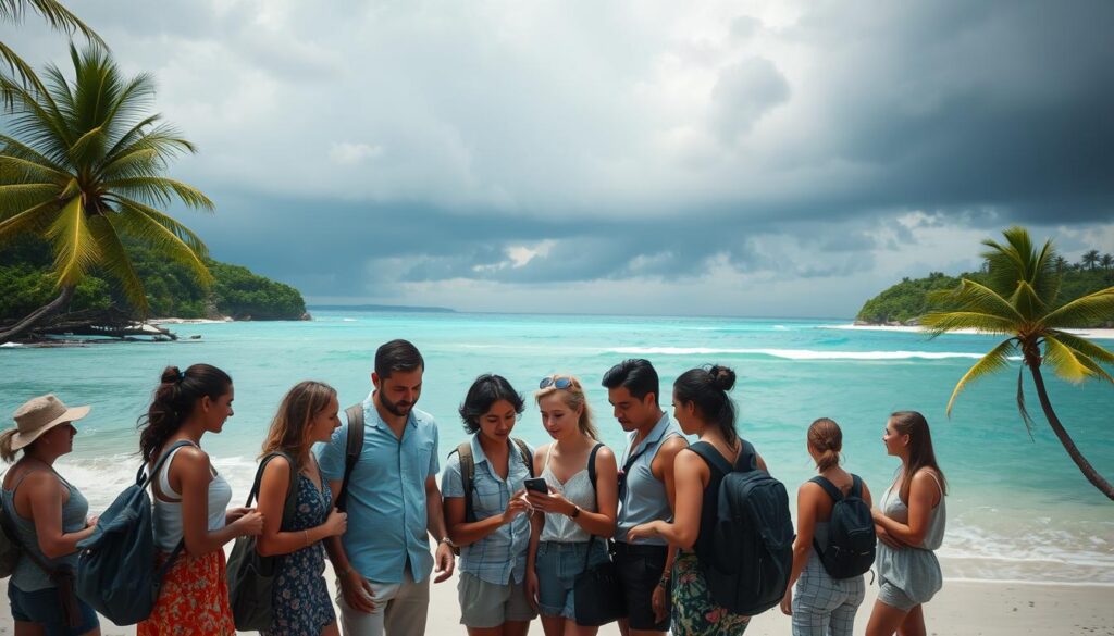 A serene beach scene during hurricane season, showcasing both sunny and stormy elements. In the foreground, a group of diverse travelers, dressed in professional summer attire, are gathered around a smartphone, discussing travel plans. The middle ground features a calm turquoise ocean with gentle waves lapping at the shore, transitioning to darker, brooding clouds hovering in the distance, hinting at an approaching storm. The background displays a lush, green tropical landscape, with palm trees swaying in a gentle breeze. The image is illuminated with soft, diffused lighting that captures the contrasting moods of a typical hurricane season day. The overall atmosphere should feel both peaceful and cautionary, encouraging smart travel planning.