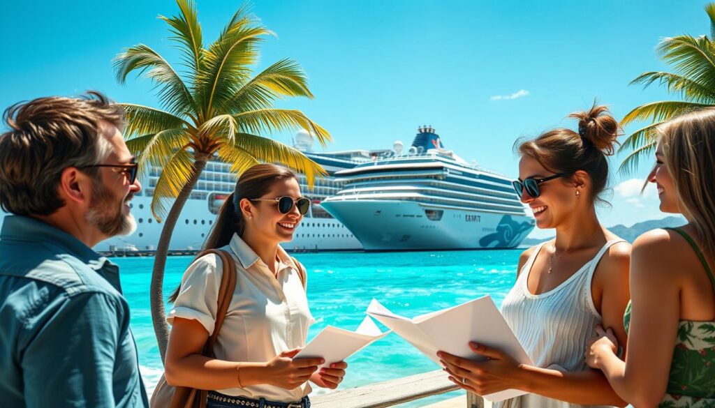 A vibrant cruise scene capturing the essence of vacation choice, featuring a majestic cruise ship docked at an idyllic port. In the foreground, a cheerful family of four, dressed in modest casual clothing, discusses their cruise itinerary while examining brochures. The middle ground showcases the grandeur of the ship, with its multiple decks and amenities visible, reflecting sunlight under a clear blue sky. In the background, palm trees sway gently, and azure waves lap at the shore, setting a relaxed atmosphere. Soft sunlight bathes the scene, casting inviting shadows that enhance the warm, friendly mood. The angle is slightly elevated, giving a comprehensive view of both the ship and the excited travelers, embodying the thrill of selecting the perfect cruise line for their holiday adventure.