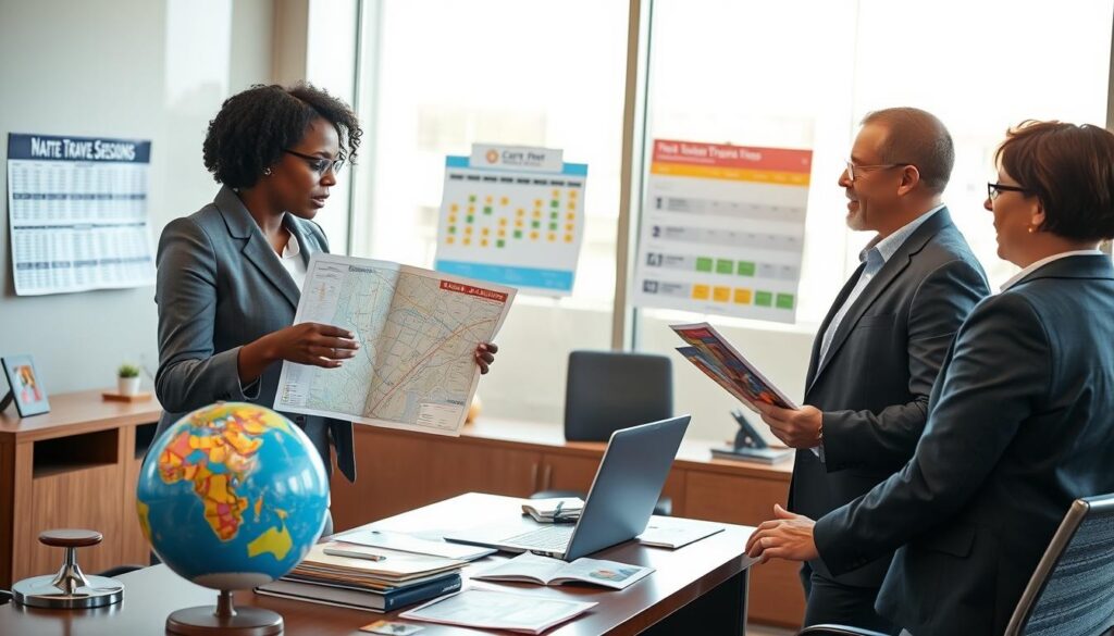 A vibrant, professional travel planning scene set in a modern office environment. In the foreground, a well-dressed travel consultant from Carter Travel Excursions is engaged in a detailed discussion with a couple, showcasing maps and digital devices filled with travel itineraries. The consultant, a middle-aged Black woman in smart business attire, is gesturing towards a laptop screen displaying a bustling airport layout. In the middle ground, a stylish desk cluttered with travel brochures and a globe reflects the travel theme, while a colorful calendar on the wall indicates peak travel seasons. In the background, large windows allow natural light to pour into the space, creating a warm and inviting atmosphere. The overall mood is one of excitement and anticipation for upcoming travels, emphasizing personalized service and expertise in navigating busy travel days.