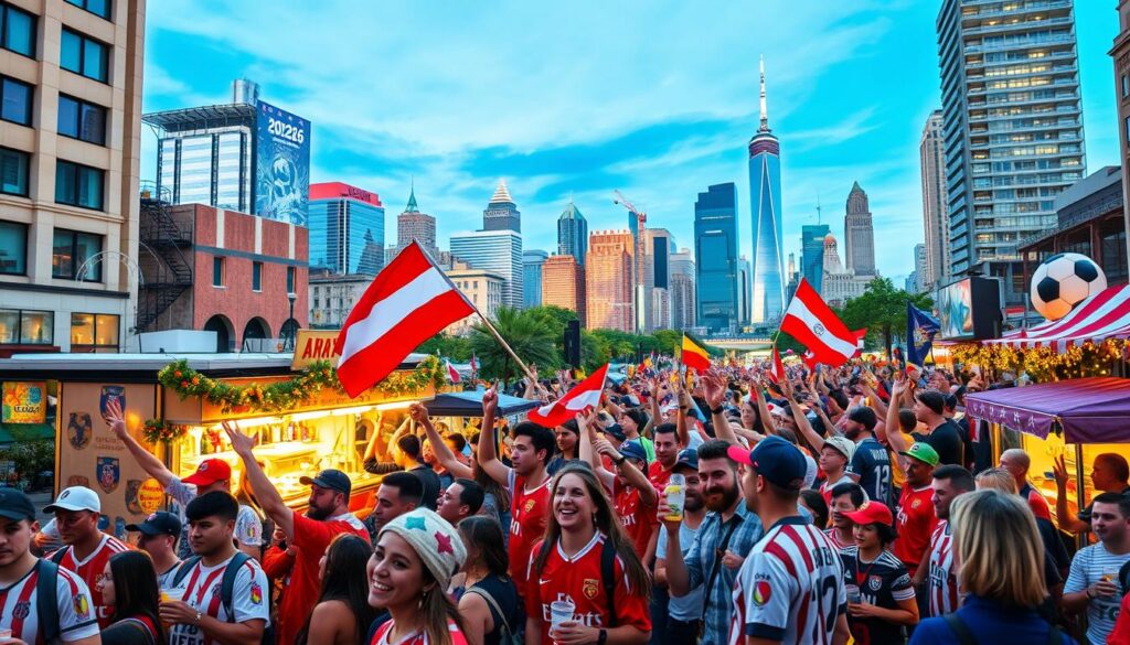 A vibrant scene of enthusiastic soccer fans gathering in a lively urban setting to celebrate the 2026 FIFA World Cup. In the foreground, a diverse group of fans wearing colorful jerseys and hats, some waving flags and holding drinks, radiates excitement and camaraderie. The middle ground features a festive atmosphere with food stalls, decorated with soccer-themed banners and seasonal decorations. In the background, iconic city landmarks subtly blend into a blue sky, hinting at a bustling city preparing for the World Cup. The lighting is bright and inviting, casting a warm glow on the scene, evoking a sense of joy and anticipation. This image captures the vibrant essence of fans uniting for a global sporting event.