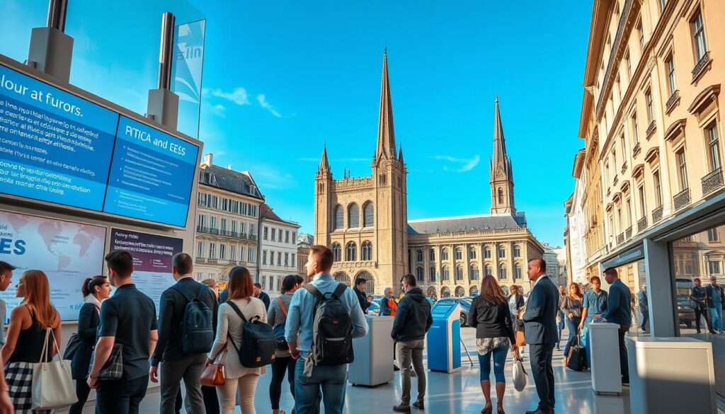 A visually engaging scene depicting a travel information center in a modern European city. In the foreground, a diverse group of travelers, dressed in smart casual attire, are engaged in discussions while examining digital screens displaying real-time travel updates and official advisories about ETIAS and EES. In the middle ground, sleek kiosks and information desks are staffed by professionals in business attire, aiding visitors with inquiries. The background showcases iconic European architecture, under a clear blue sky, with soft, warm lighting that creates an inviting atmosphere. The image should convey a sense of security, organization, and accessibility, encapsulating the essence of staying informed and prepared while traveling in Europe.