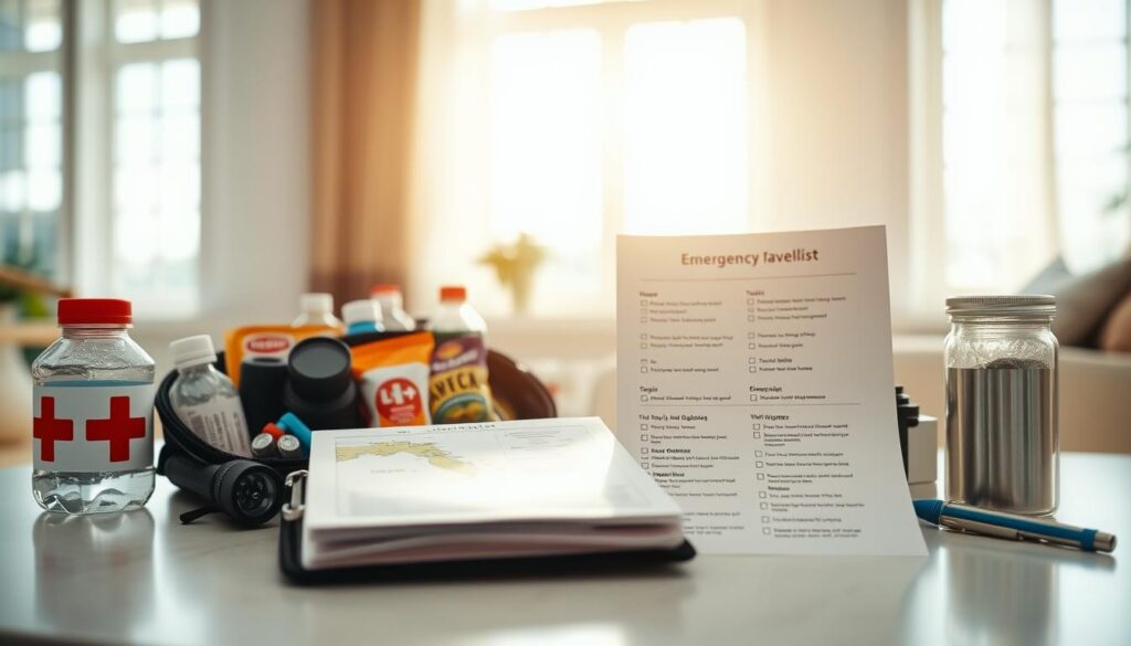 A well-arranged emergency plan and travel kit essentials scene, set on a clean table surface. In the foreground, a neatly organized travel kit is open, showcasing vital items like a first aid kit, flashlight, bottled water, emergency snacks, and a map of the Caribbean and Florida. In the middle ground, a detailed emergency plan checklist is partially visible, with checkmarks next to items like medication, tools, and important documents. The background features a bright window allowing natural sunlight to illuminate the scene, creating a warm and inviting atmosphere. Use a shallow depth of field to keep the focus on the travel kit, while softly blurring the background. The overall mood is practical and reassuring, emphasizing preparedness for hurricane season travels.
