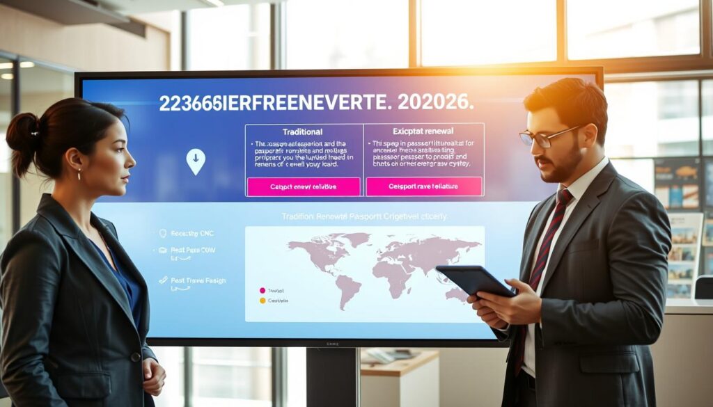 A well-organized office setting featuring a large digital display showcasing passport renewal options for 2026. In the foreground, a professional woman dressed in smart business attire is actively discussing with a male colleague, who is consulting a tablet. The middle layer displays a modern, sleek infographic outlining traditional and expedited passport renewal processes, emphasizing clarity with vibrant colors. In the background, a soft-focus view reveals a contemporary reception desk with travel brochures and a world map highlighting popular travel destinations. The lighting is bright and inviting, with natural sunlight streaming through large windows. The atmosphere is focused and dynamic, encapsulating the urgency and importance of timely passport renewal. The image should evoke a sense of professionalism and reliability.