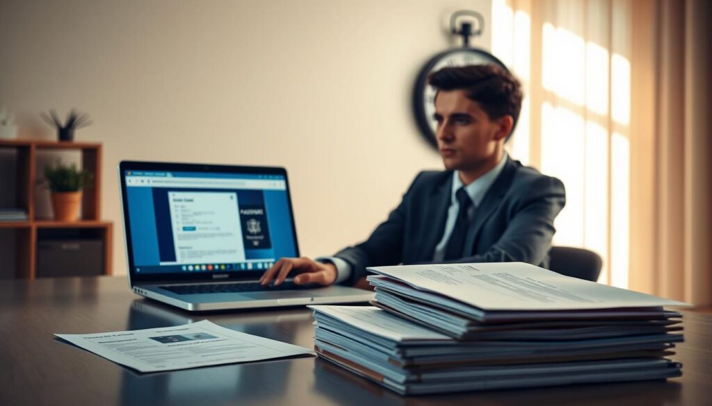 A well-organized workspace showcasing the passport renewal process, split into two sections: one for online renewal and one for mail renewal. In the foreground, a diligent individual in professional business attire sits at a modern desk, using a laptop with an open passport renewal application on the screen. The middle ground features a neat stack of essential documents, including a passport application form, a printed photo, and an envelope labeled for mailing. In the background, a wall clock indicates the passage of time, emphasizing urgency. Soft, natural lighting streams in from a window to create a warm, inviting atmosphere. The overall mood is focused and professional, conveying efficiency and clarity in the passport renewal process.